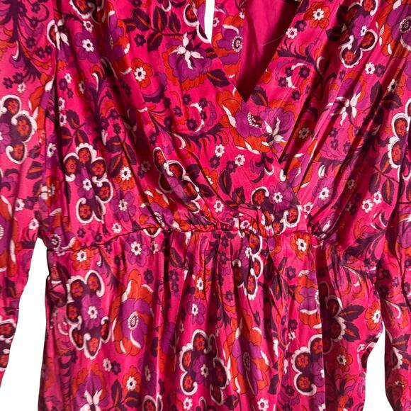 Maeve Anthropologie Pink Floral Print Long Sleeve Wrap Mini Dress Size Medium - Picture 7 of 16